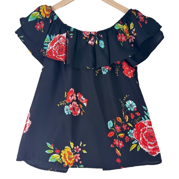 Xhilaration Black Floral Print Ruffle Neck Short Sleeve Off Shoulder Top Size Sm - Picture 1 of 11